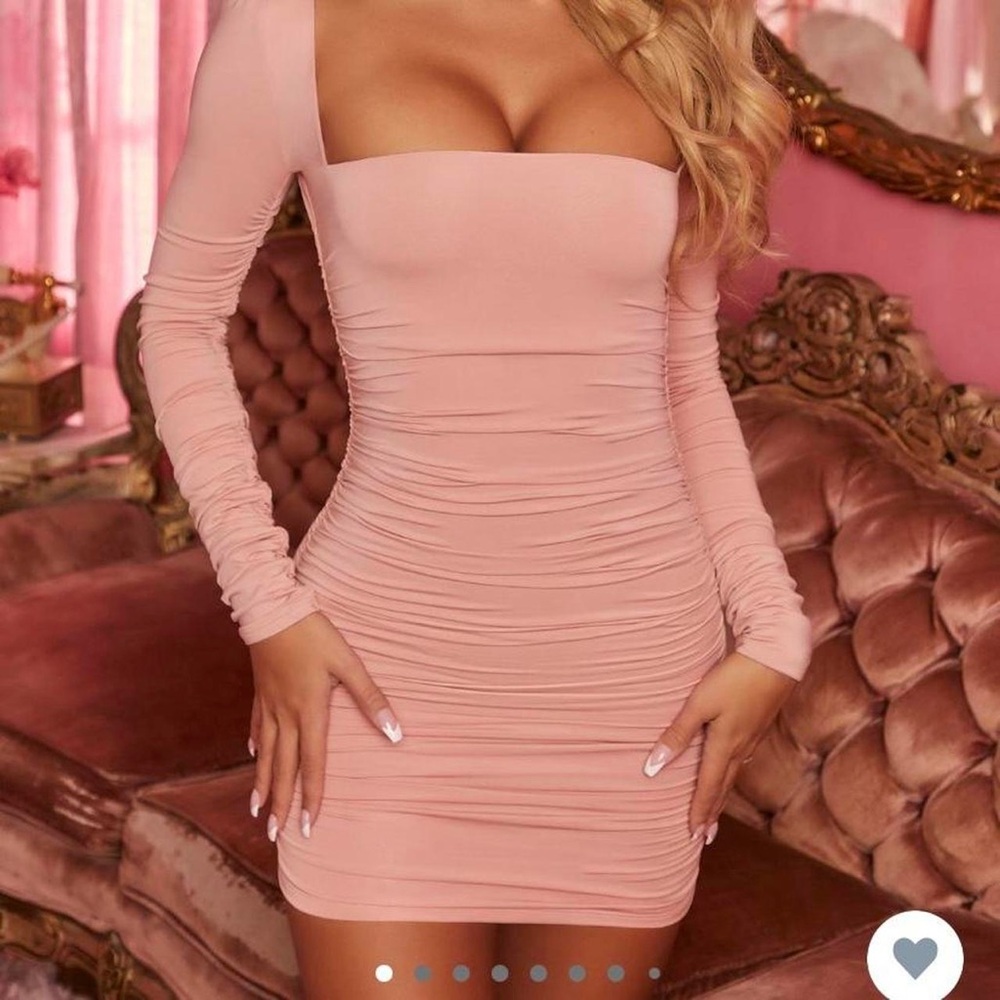 Oh Polly long sleeve ruched mini dress in blush